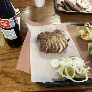 Boneless smoked pork chop, sides of gr beans + mashed potatoes, complimentary pickle/onion, Mexican Coke and a Pinot Grigio. SEP23