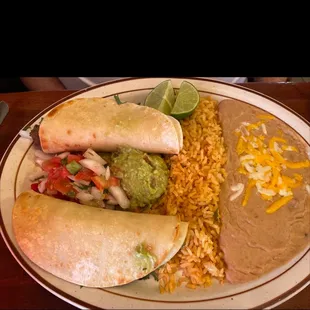 Asada tacos, refried beans and Mexican rice