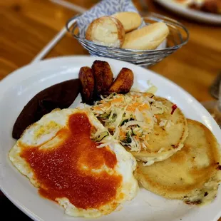 Salvadoran Breakfast (eggs, refried black beans, plantain, &amp; arepas