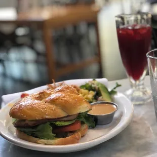 Chivito Uruguayo, Santa Fe salad, Jamaica drink