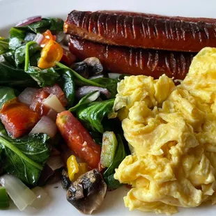 Hot link and eggs with veggies instead of hash browns. Eggcelent!