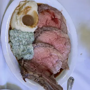 roast, mashed potatoes, and gravy