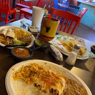 Chicken spinach enchiladas and carne de sada tacos