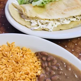 Cheese Quesadilla with side of rice and beans