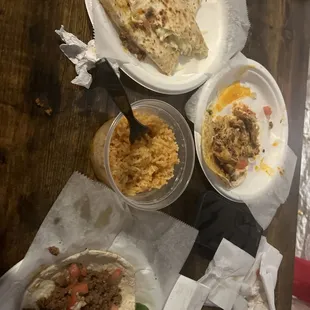 Cheese Quesadilla, Rice, 3 Tacos (Chicken, Chorizo, Beef, Pork, Veggie)