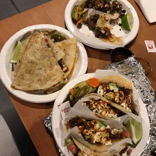 Top: carne asada tacos. Middle: carne asada quesadilla. Bottom: San Panchos style tacos; 2 carnitas and 2 carne asada.