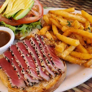 Ahi sandwich with garlic fries for $17.45