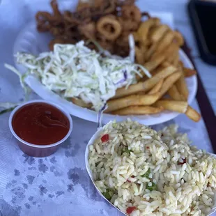 Calamari and Chips with a side of rice pilaf