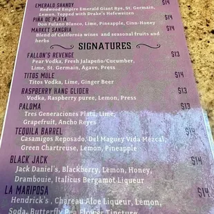 Cocktail menu Sept 2023