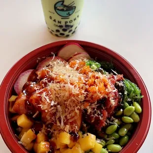 Poke Your Own with 2 Scoop Protein - Salmon and Spicy Tuna. Honeydew smoothie with Boba.