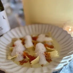 STUFFED FARFALLE Smoked Chili Crab, Yellow Chive, Tobiko