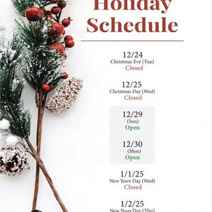 Holiday Schedule for end of year and new year!!