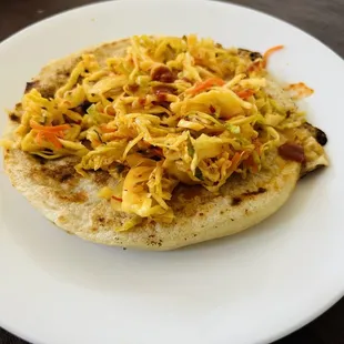 Pupusa de queso y chicharrones ($3.64 | w/ curtido and spicy salsa) winnahzzzzz