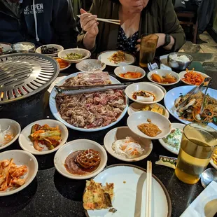 Charcoal grill for the meats (left) and japchae (right)