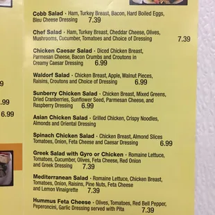 Salad menu