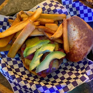 Burger with avocado and toasted bun