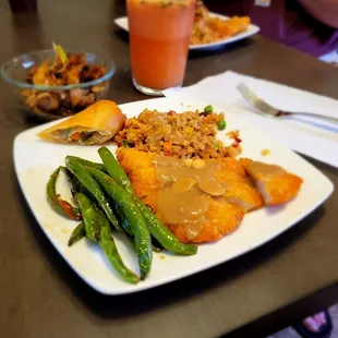 Almond chicken, green beans, beef chow fun and an egg roll