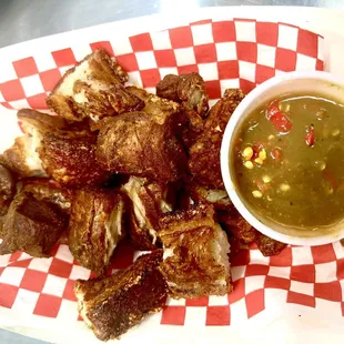 Lechon Kawali with a beef liver spread and spices.  It makes a tasty appetizer or main dish.