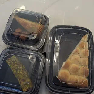 Assortment of desserts (Turkish delight, baklava, and honeycomb bread with cream cheese inside)