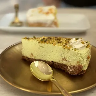 Pistachio cheesecake and saffron milk cake! Yummmmm