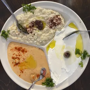 Spicy Hummus Dip, Baba Ghanouj, Labneh