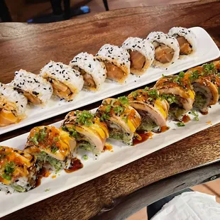 Top: Spicy Salmon Roll - only $6.00!  Bottom: Mr. Herb Roll