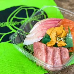 DELIVERY: BYO Chirashi w/ sake, hamachi, hokkaido uni, 1/2 salad, 1/2 rice | $30 (added Toro for $20)