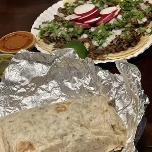 Asada tacos and asada burrito