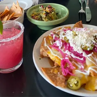 Hibiscus Margarita, Nachos, Pomegranate-Mango Guacamole.