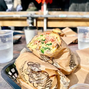 Sawed Off Flanco Breakfast Burrito (Sub egg whites to regular eggs-NO ARTICHOKES, add Bacon)  thank me later  Burrito