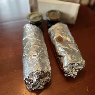 Sawed Off breakfast burrito on the left and bean and cheese burrito on the right.