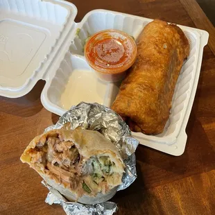 Super Burrito with carnitas and refried beans, Al&apos;s Chimichanga