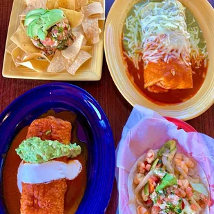 Shrimp Ceviche, super Wet Burrito, Al's Chimichangaand Shrimp Taco