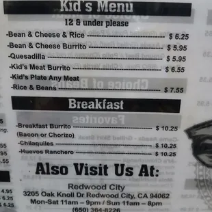 Kids menu, breakfast
