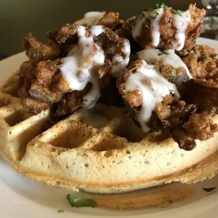 Crispy Oyster Mushroom Waffle with sweet Dijon Drizzle