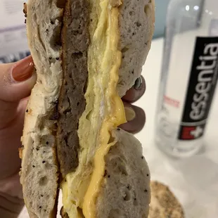 Turkey sausage, egg, &amp; cheese on everything bagel.
