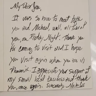 A handwritten note arrived in the mail, SO incredibly sweet! #1 spot in PHX. Please support amazing businesses like this!