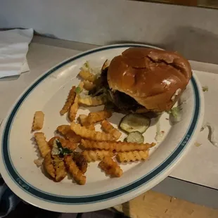 a hamburger and fries