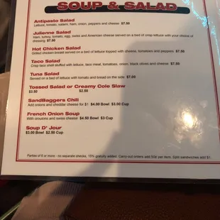 menu for soup and salad