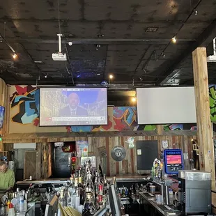 a bar with a large screen