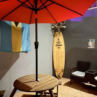 a table with a surfboard on it