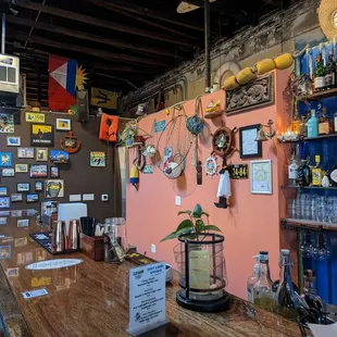 a bar with a wooden bar top