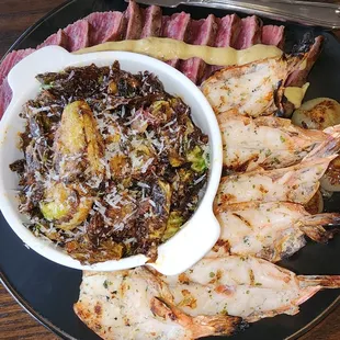 Flank steak(rare), Brussel sprouts with a special of shrimp