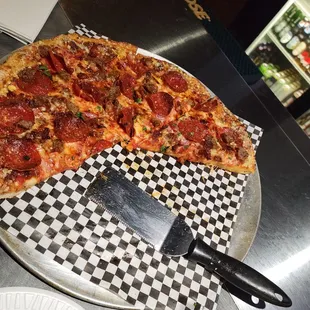 Pepperoni  and sausage pizza.