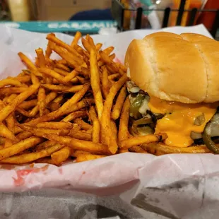 a cheeseburger and fries