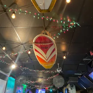 a surfboard hanging from the ceiling