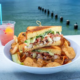 a plate of food and a drink on a table