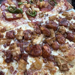 Half chicken and waffle half (forget exact name) spicy pepperoni