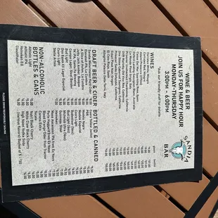 Wine and beer menu