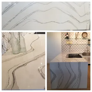 Beautiful! Elegant! Modern! Cambria Brittanicca Quartz Custom Countertops with Waterfall Edge.